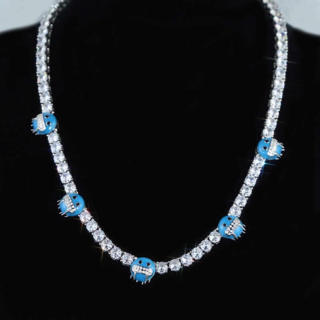 Round Moissanite Cold Face Accent Tennis Necklace in 14K White Gold Close Up Neck View 