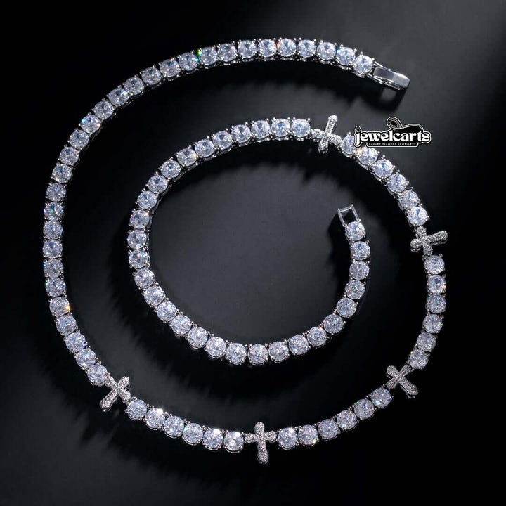 Round Moissanite Cross Accent Tennis Necklace in 14K White Gold Front View