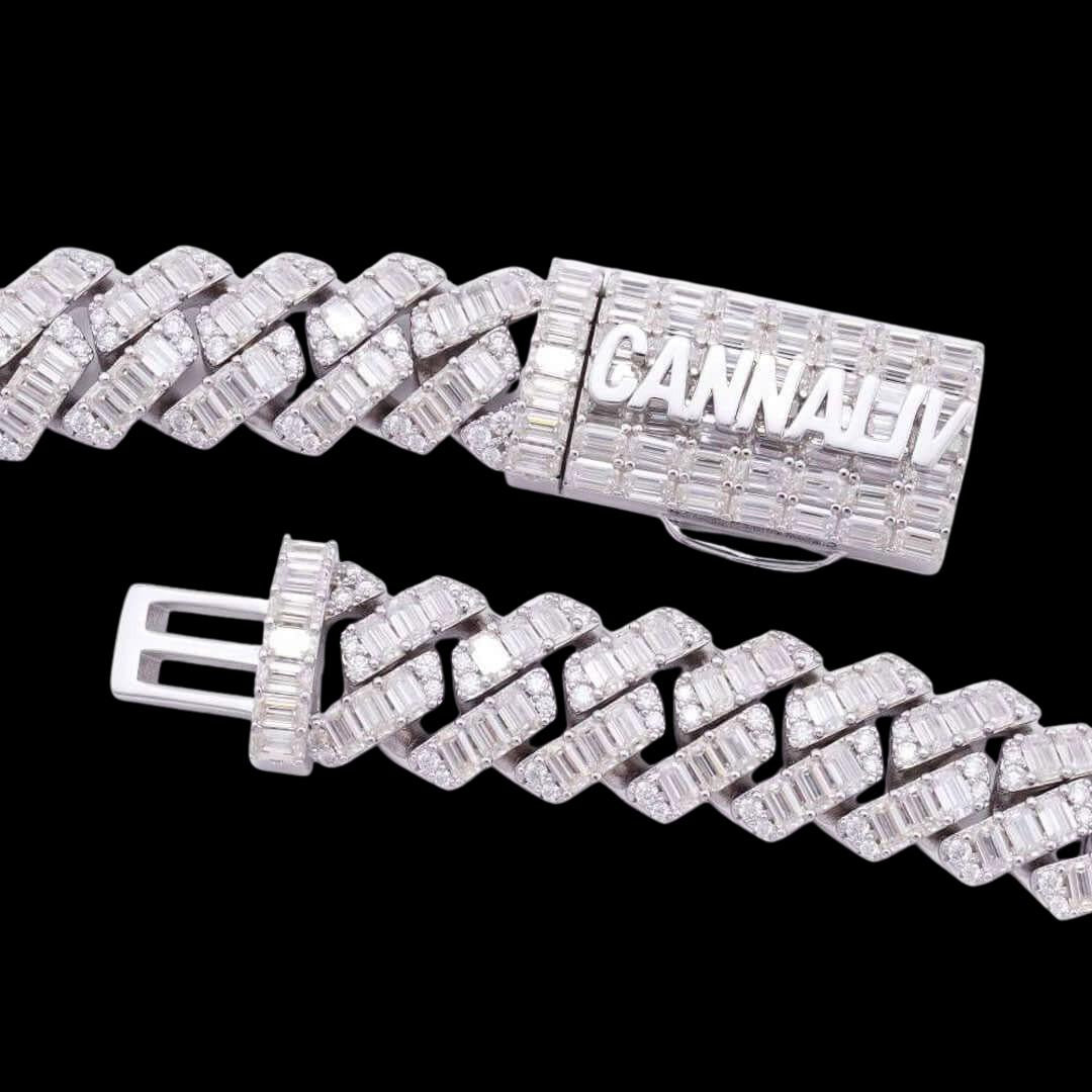 Round Moissanite Cuban Link Chain Radiant Weave in 14K White Gold Clasp View
