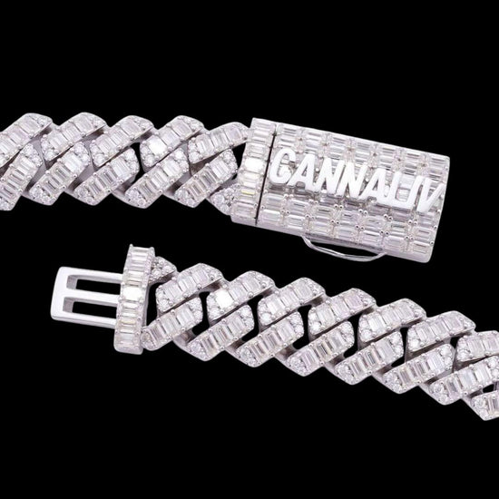 Round Moissanite Cuban Link Chain Radiant Weave in 14K White Gold Clasp View