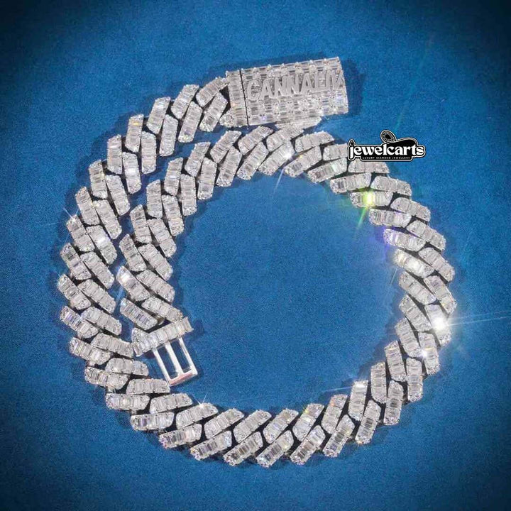 Round Moissanite Cuban Link Chain Radiant Weave in 14K White Gold Front View