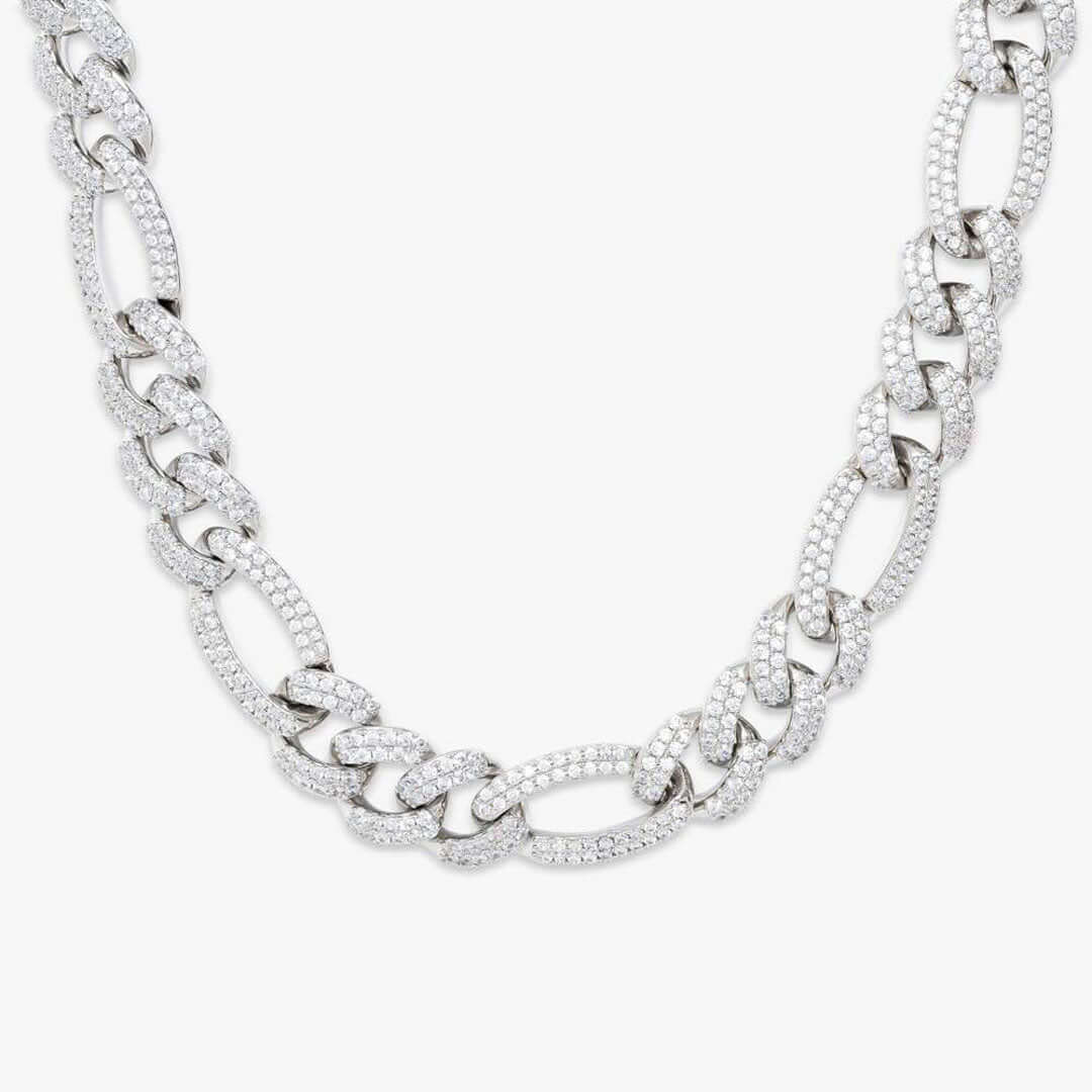 Round Moissanite Cuban Link Necklace in 14K White Gold Close Up Front View