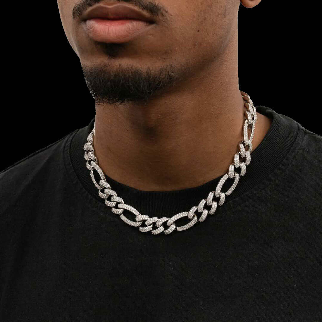 Round Moissanite Cuban Link Necklace in 14K White Gold On Neck View 