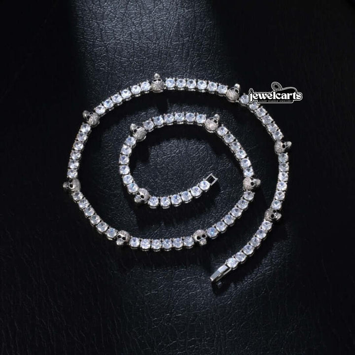 Round Moissanite Geometric Accent Tennis Necklace in 14K White Gold Front View
