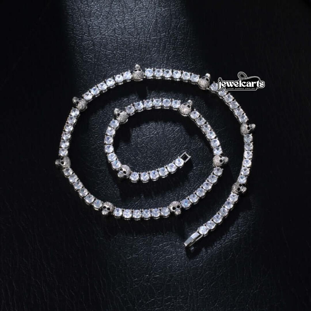 Round Moissanite Geometric Accent Tennis Necklace in 14K White Gold Front View
