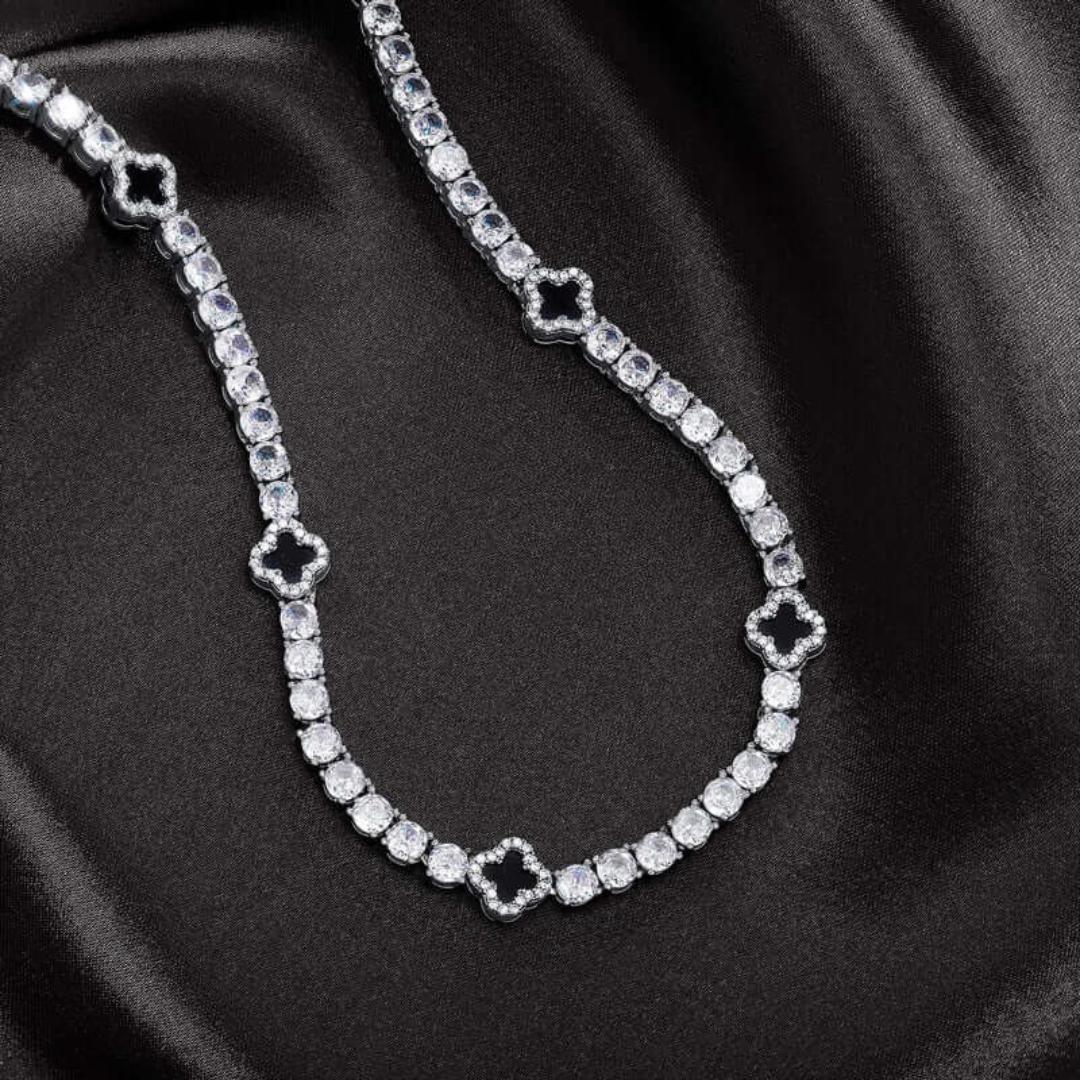 Round Moissanite Geometric Clover Tennis Necklace in 14K White Gold Detailed Link View