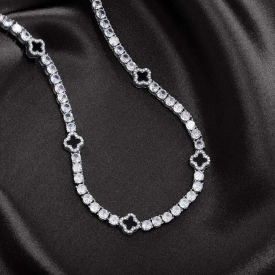 Round Moissanite Geometric Clover Tennis Necklace in 14K White Gold Detailed Link View