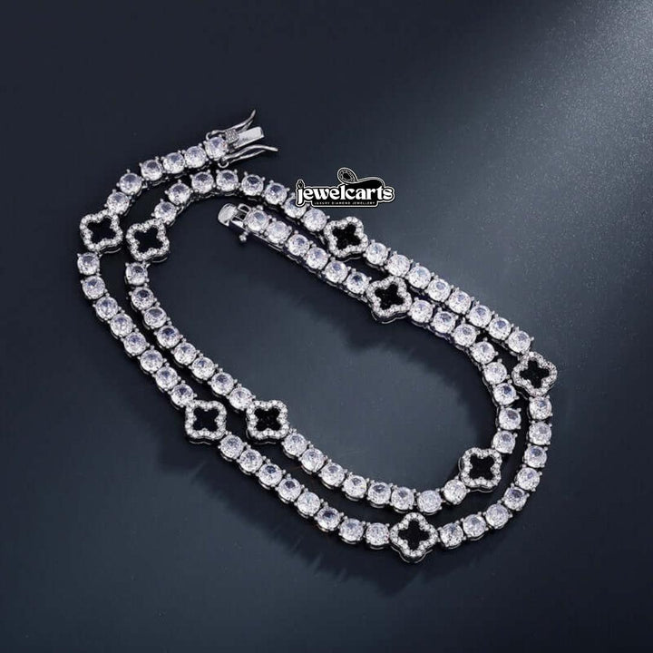 Round Moissanite Geometric Clover Tennis Necklace in 14K White Gold Front View