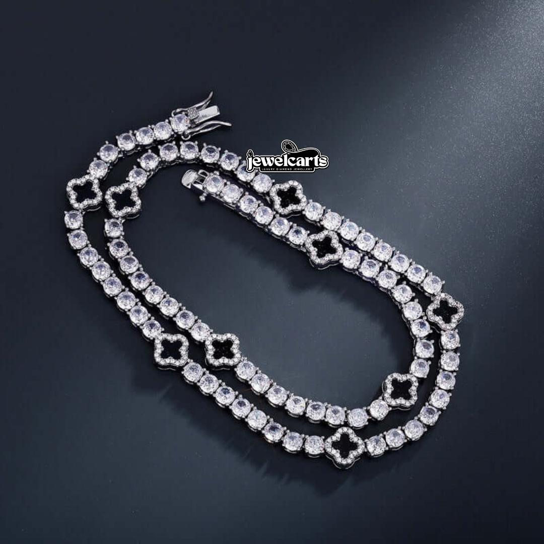 Round Moissanite Geometric Clover Tennis Necklace in 14K White Gold Front View