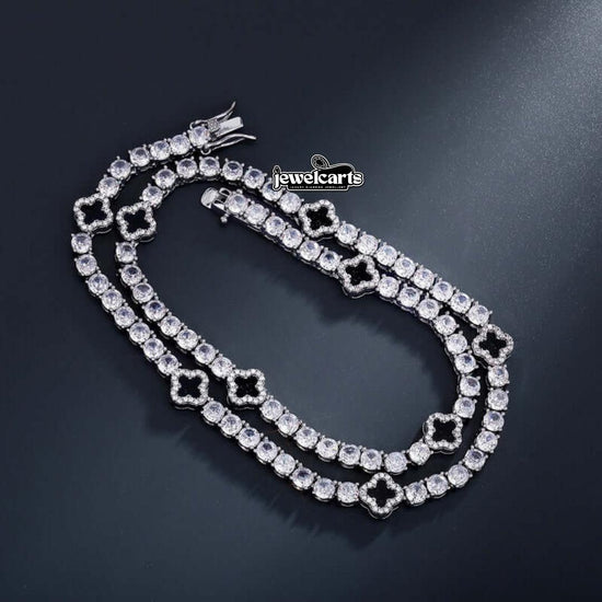 Round Moissanite Geometric Clover Tennis Necklace in 14K White Gold Front View