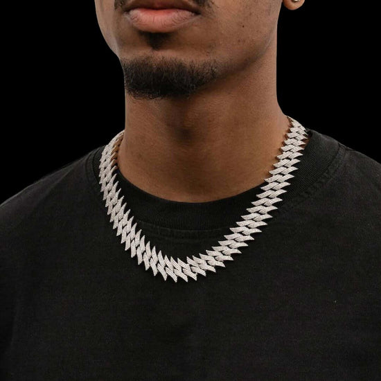 Round Moissanite Geometric Cuban Link Necklace in 14K Gold On Neck View 