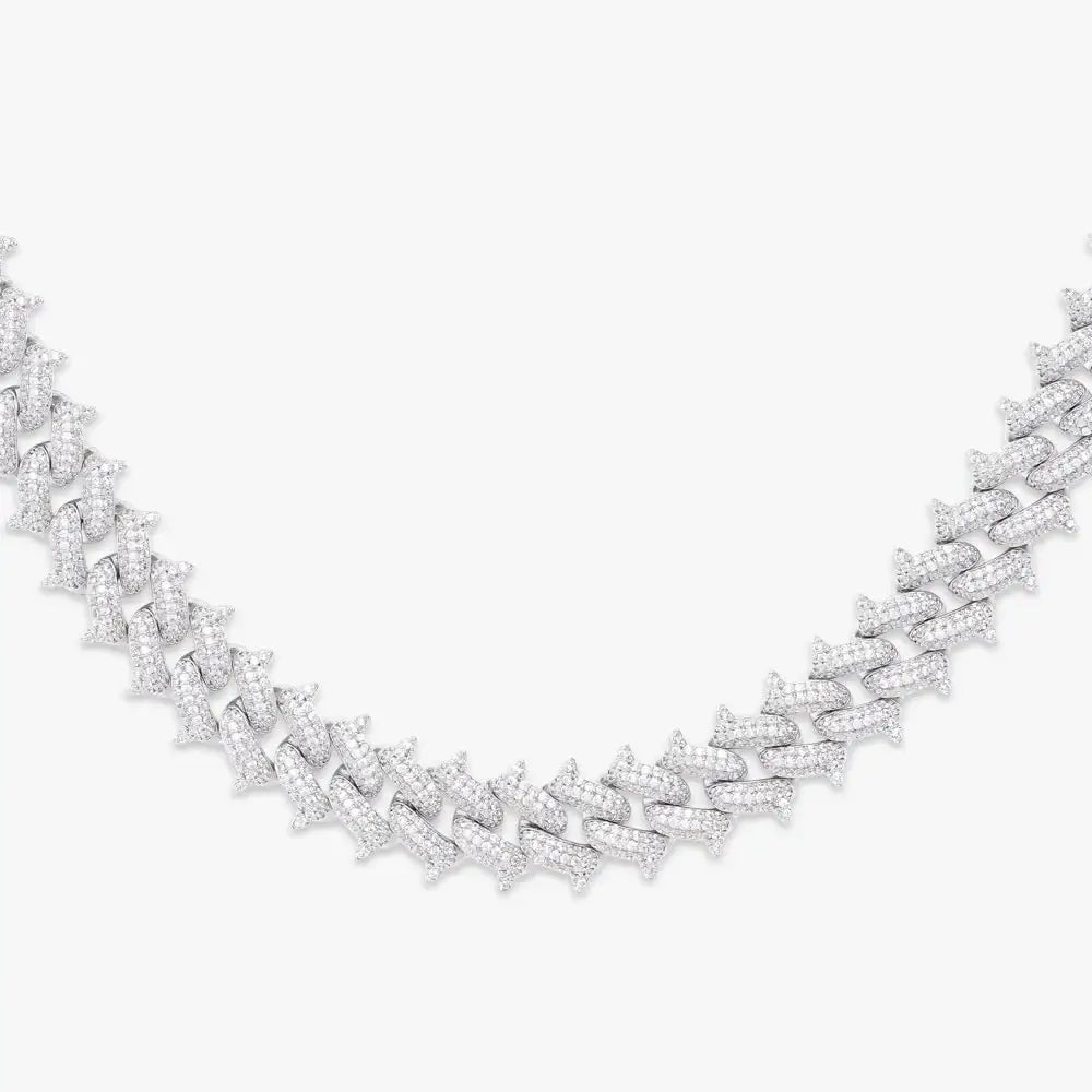 Round Moissanite Geometric Cuban Link Necklace in 14K White Gold Close Up Front View
