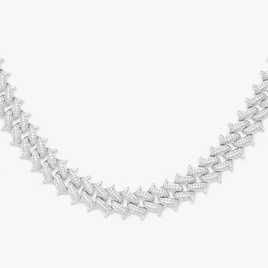Round Moissanite Geometric Cuban Link Necklace in 14K White Gold Close Up Front View