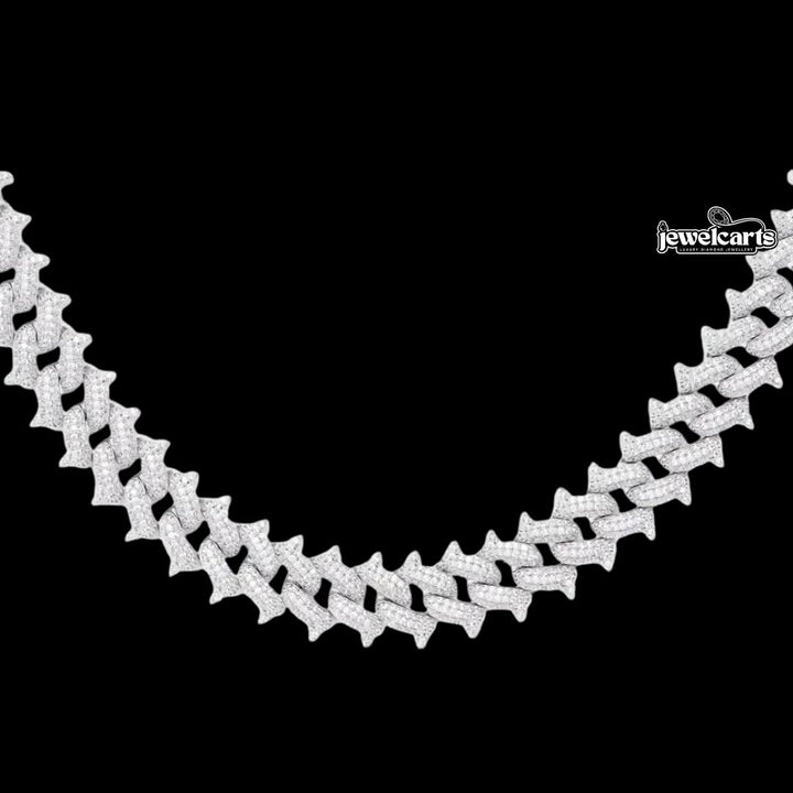 Round Moissanite Geometric Cuban Link Necklace in 14K White Gold Front View