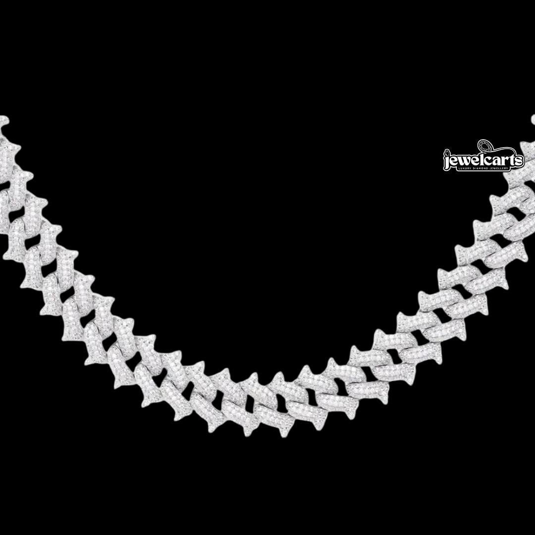 Round Moissanite Geometric Cuban Link Necklace in 14K White Gold Front View