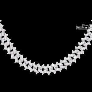 Round Moissanite Geometric Cuban Link Necklace in 14K White Gold Front View