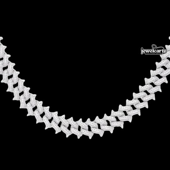 Round Moissanite Geometric Cuban Link Necklace in 14K White Gold Front View