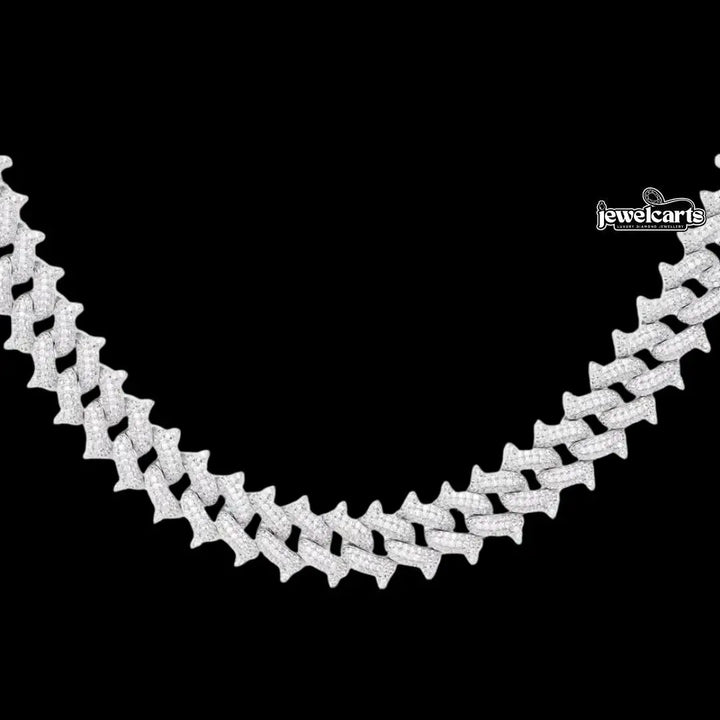 Round Moissanite Geometric Cuban Link Necklace in 14K White Gold Front View
