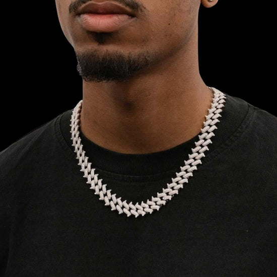 Round Moissanite Geometric Cuban Link Necklace in 14K White Gold On Neck View 