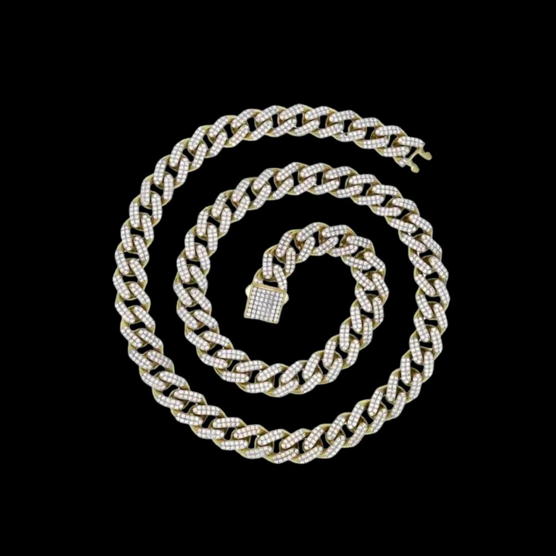 Round Moissanite Geometric Pavé Cuban Link Necklace in 14K Yellow Gold Close Up Front View