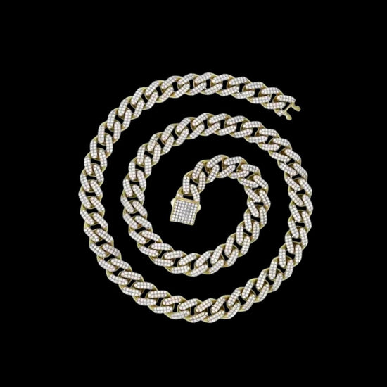 Round Moissanite Geometric Pavé Cuban Link Necklace in 14K Yellow Gold Close Up Front View