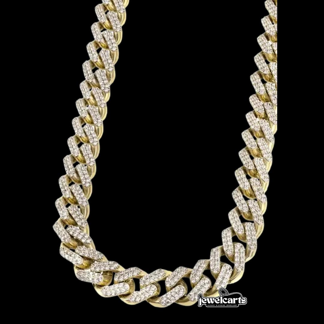 Round Moissanite Geometric Pavé Cuban Link Necklace in 14K Yellow Gold Front View