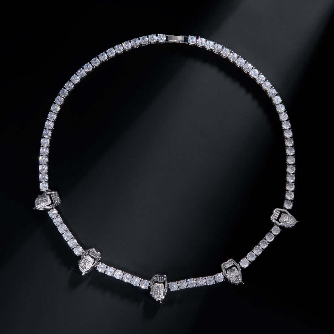 Round Moissanite Lips and Tongue Accent Tennis Necklace in 14K White Gold Detailed Close Up View