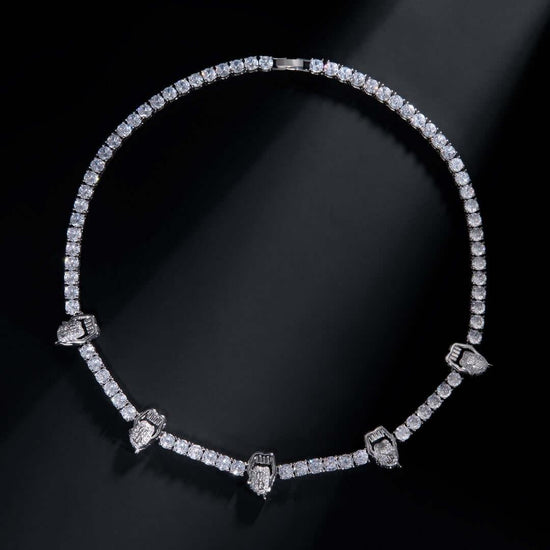 Round Moissanite Lips and Tongue Accent Tennis Necklace in 14K White Gold Detailed Close Up View