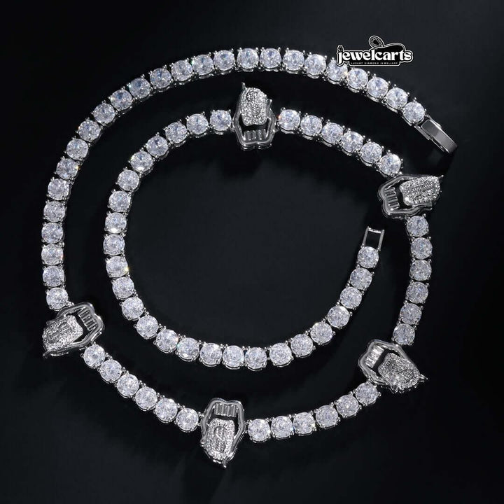 Round Moissanite Lips and Tongue Accent Tennis Necklace in 14K White Gold Front View