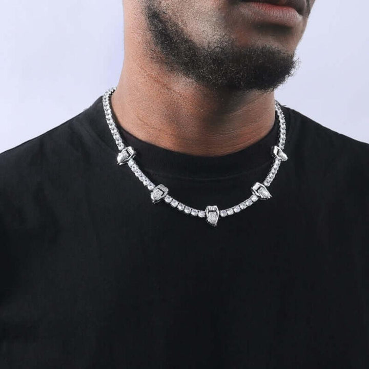Round Moissanite Lips and Tongue Accent Tennis Necklace in 14K White Gold On Neck View 