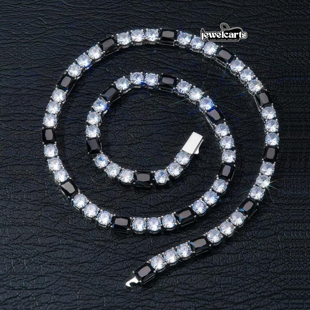 Round Moissanite Noir Accent Tennis Necklace in 14K White Gold Front View
