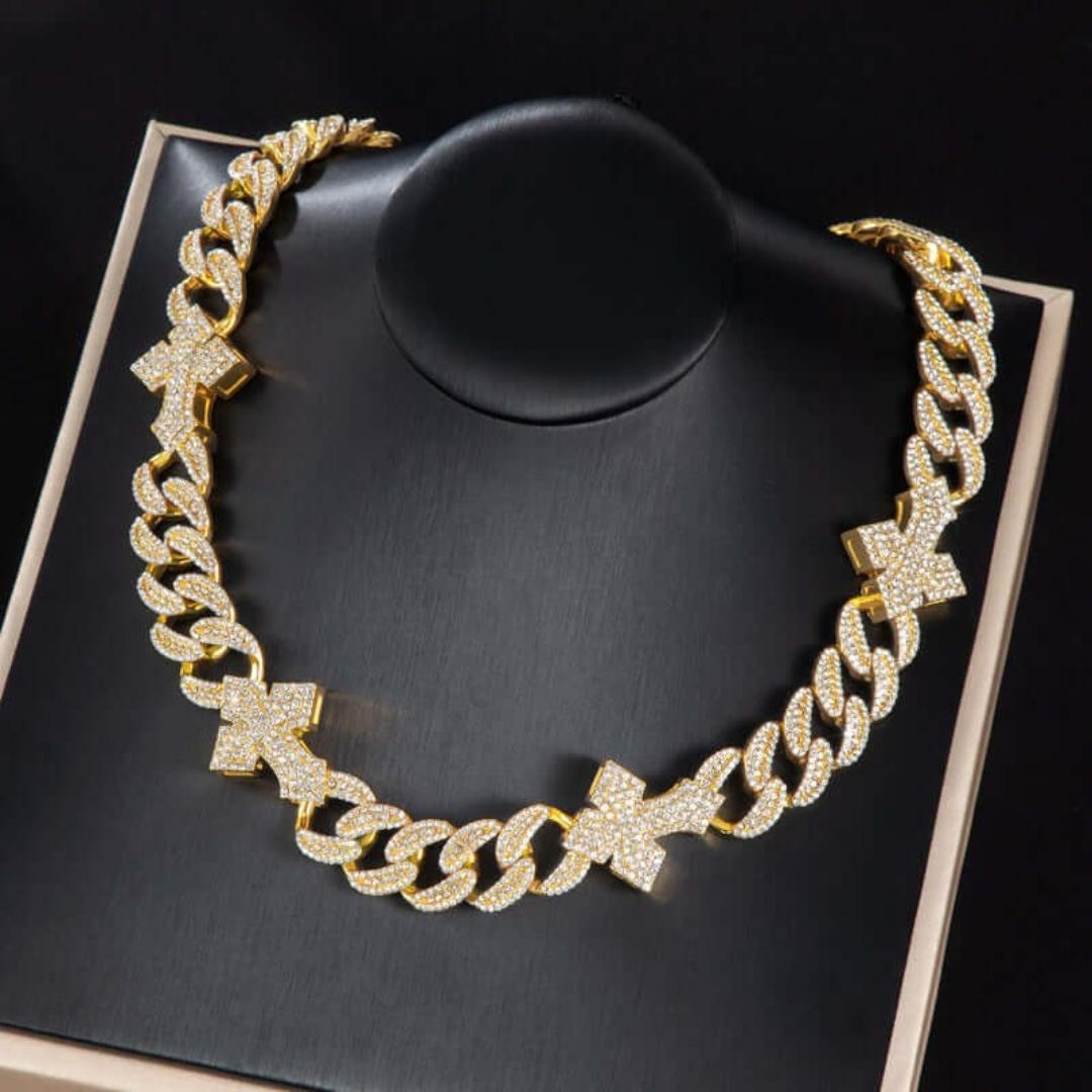 Round Moissanite Pavé Cross Accent Cuban Link Necklace in 14K Yellow Gold Close Up Front View