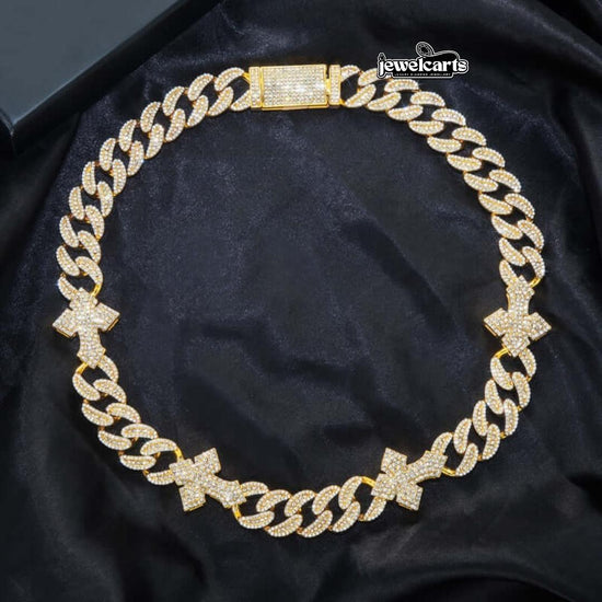 Round Moissanite Pavé Cross Accent Cuban Link Necklace in 14K Yellow Gold Front View
