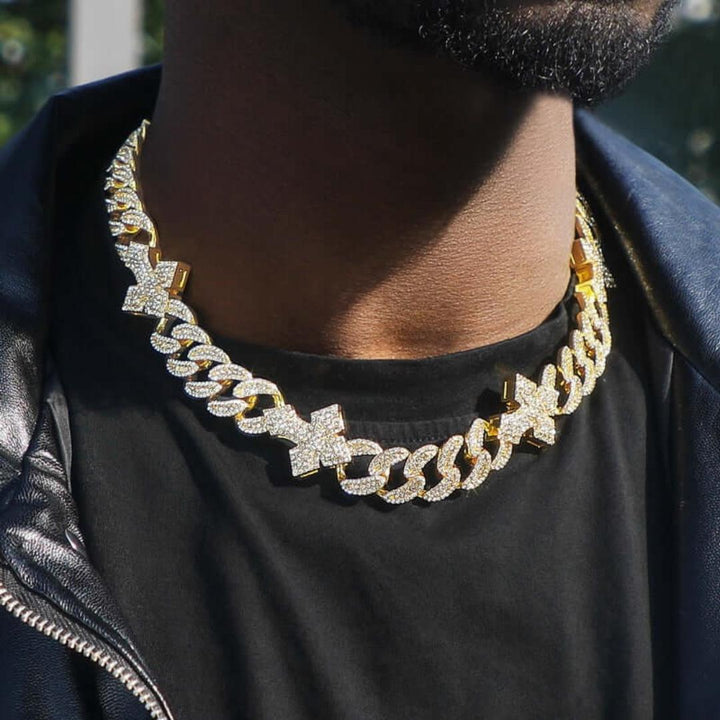 Round Moissanite Pavé Cross Accent Cuban Link Necklace in 14K Yellow Gold On Neck View 
