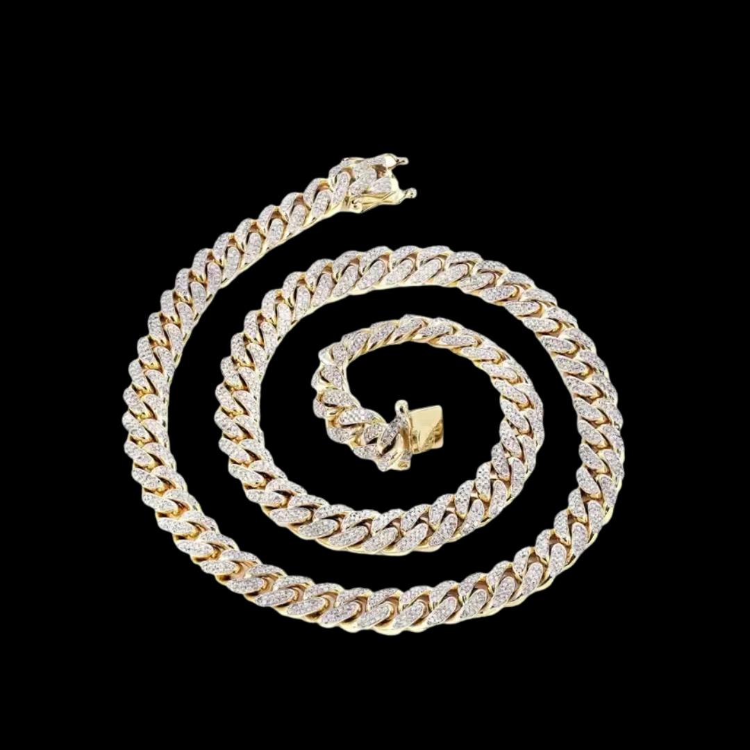 Round Moissanite Pavé Cuban Link Necklace in 14K Gold Detailed Close Up View