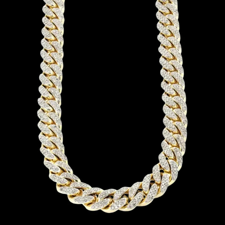 Round Moissanite Pavé Cuban Link Necklace in 14K Gold Front View