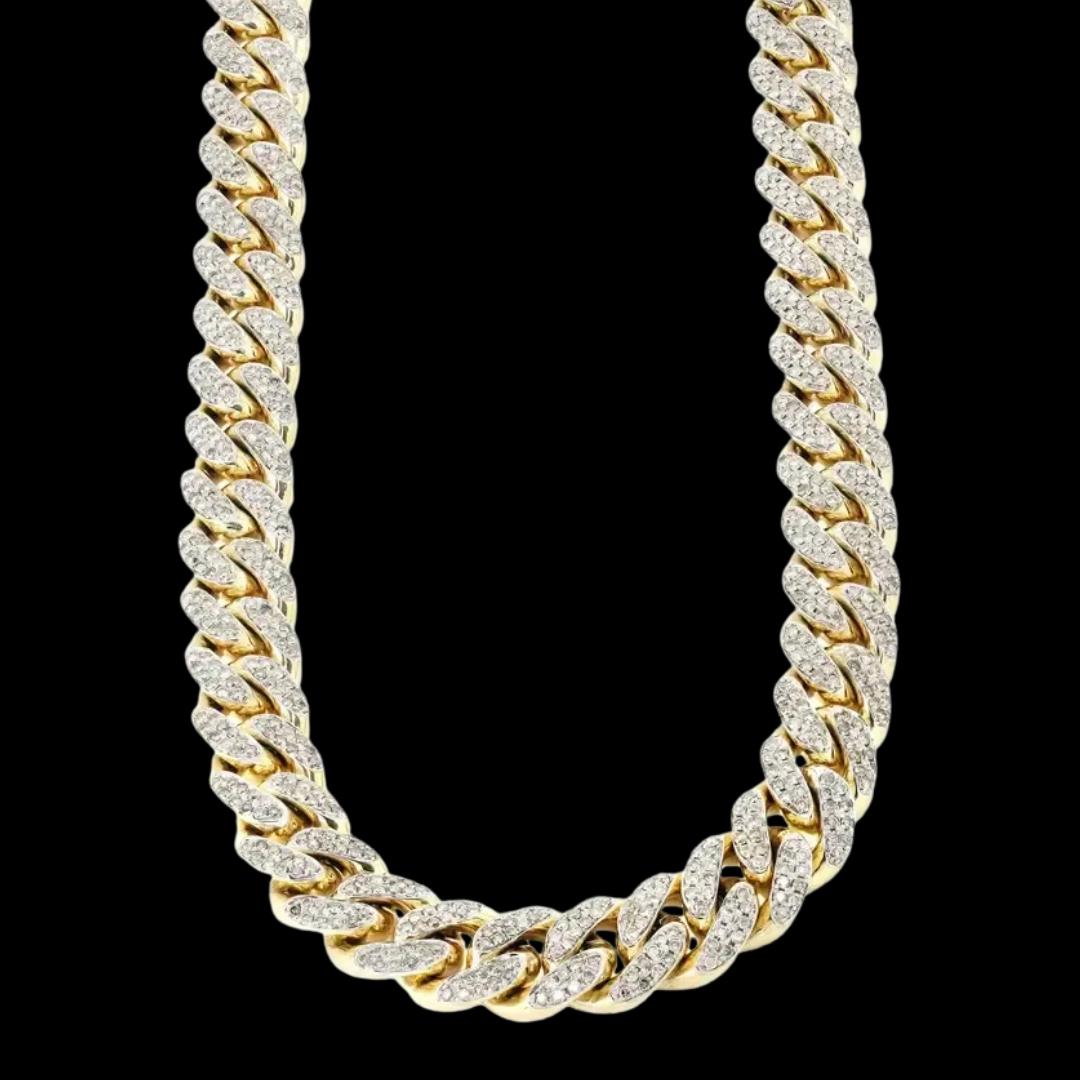 Round Moissanite Pavé Cuban Link Necklace in 14K Gold Front View