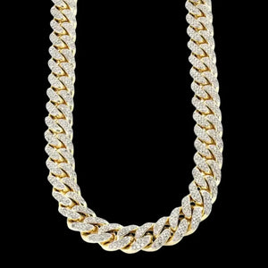 Round Moissanite Pavé Cuban Link Necklace in 14K Gold Front View