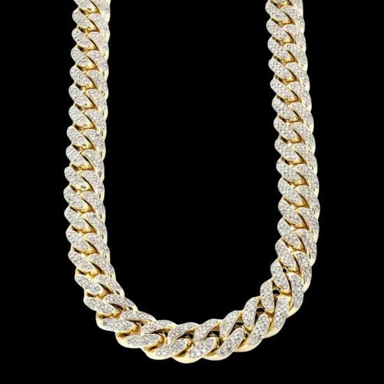 Round Moissanite Pavé Cuban Link Necklace in 14K Gold Front View