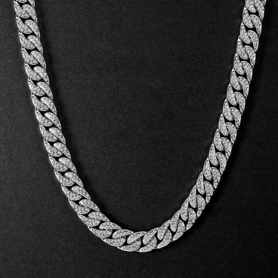 Round Moissanite Pavé Cuban Link Necklace in 14K White Gold Close Up Front View