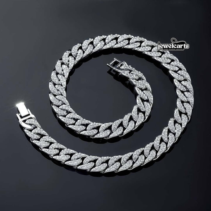 Round Moissanite Pavé Cuban Link Necklace in 14K White Gold Front View