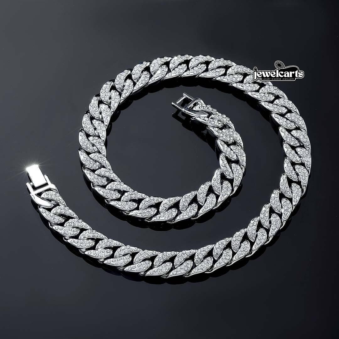 Round Moissanite Pavé Cuban Link Necklace in 14K White Gold Front View