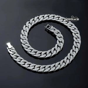 Round Moissanite Pavé Cuban Link Necklace in 14K White Gold Front View
