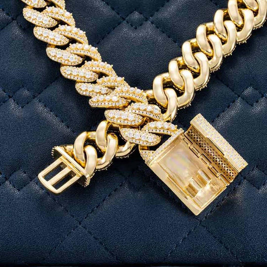 Round Moissanite Pavé Cuban Link Necklace in 14K Yellow Gold Close Up Clasp View
