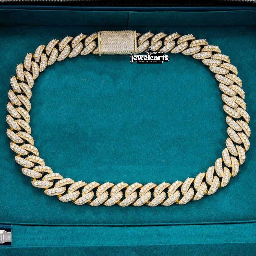 Round Moissanite Pavé Cuban Link Necklace in 14K Yellow Gold Front View