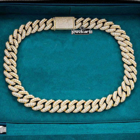 Round Moissanite Pavé Cuban Link Necklace in 14K Yellow Gold Front View