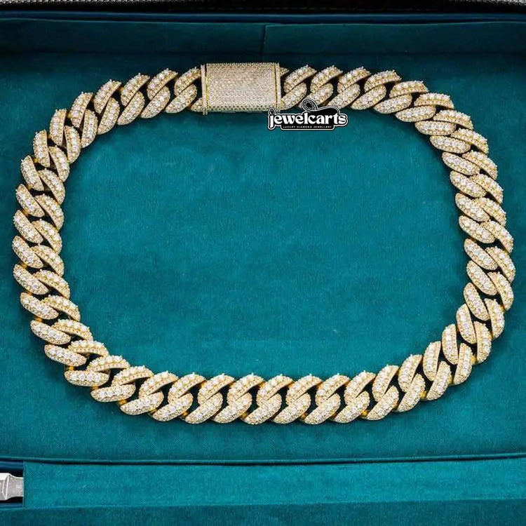 Round Moissanite Pavé Cuban Link Necklace in 14K Yellow Gold Front View
