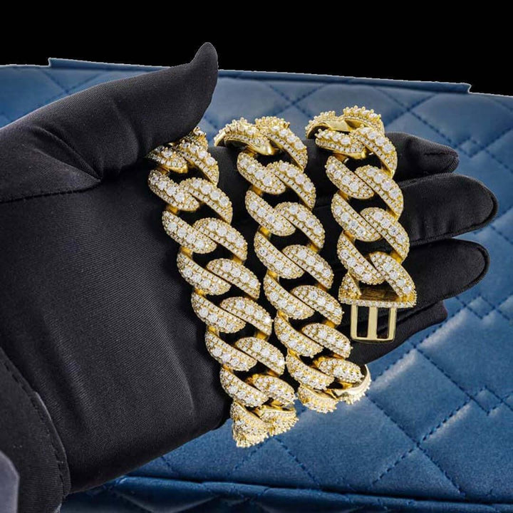 Round Moissanite Pavé Cuban Link Necklace in 14K Yellow Gold On Hand View
