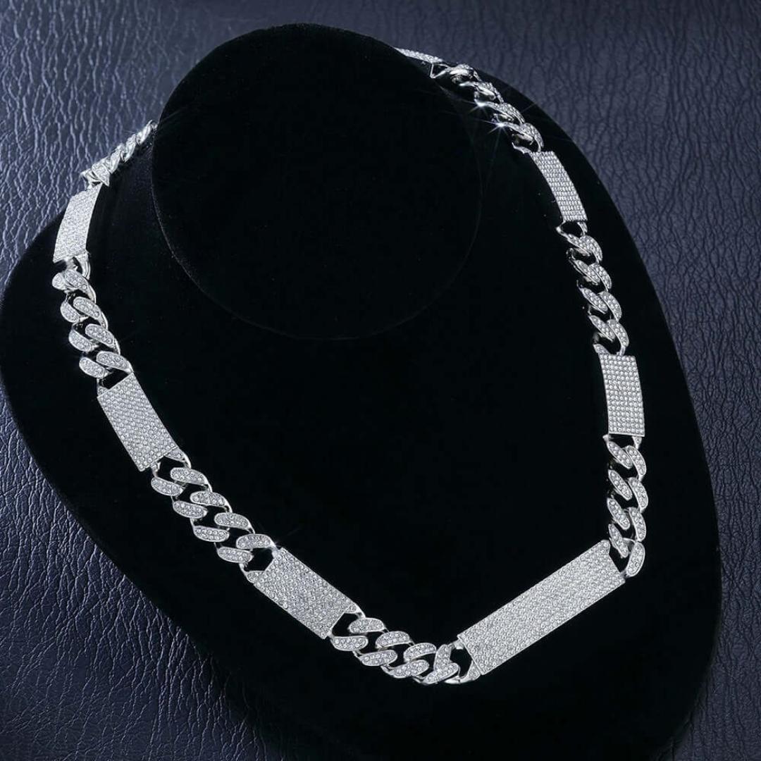 Round Moissanite Pavé Panel Cuban Link Necklace in 14K White Gold Close Up Neck View 