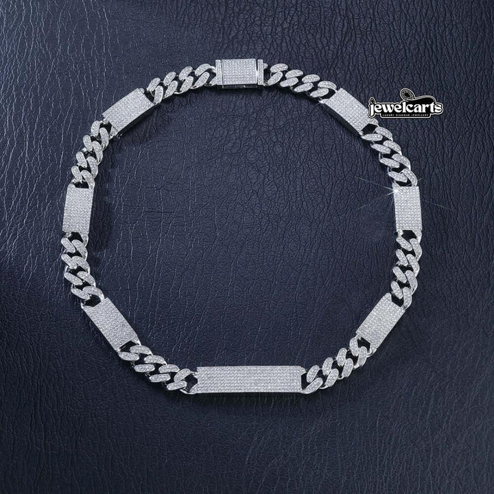 Round Moissanite Pavé Panel Cuban Link Necklace in 14K White Gold Front View